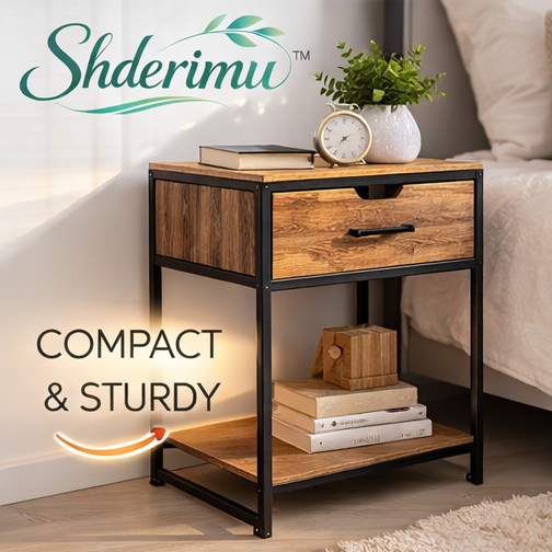 Shderimuโข Vintage Industrial Nightstand โ Compact Storage with Metal Frame