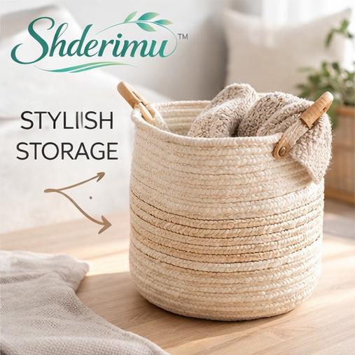 Shderimu™ Scandinavian-Style Storage Basket – Handwoven Rope with Wooden Handles