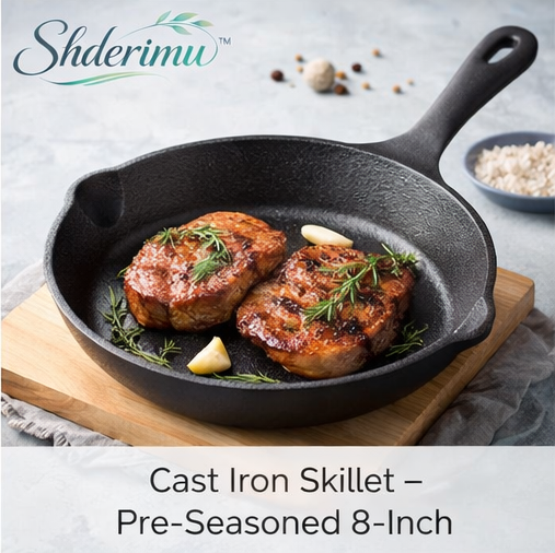 Shderimu™ Cast Iron Skillet – Pre-Seasoned 8-Inch